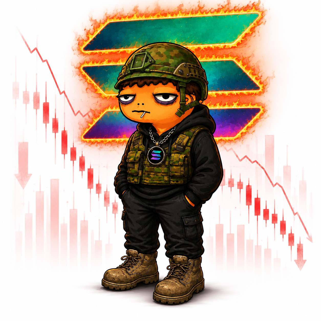 Solana Survivor mascot in helmet standing in burning subway